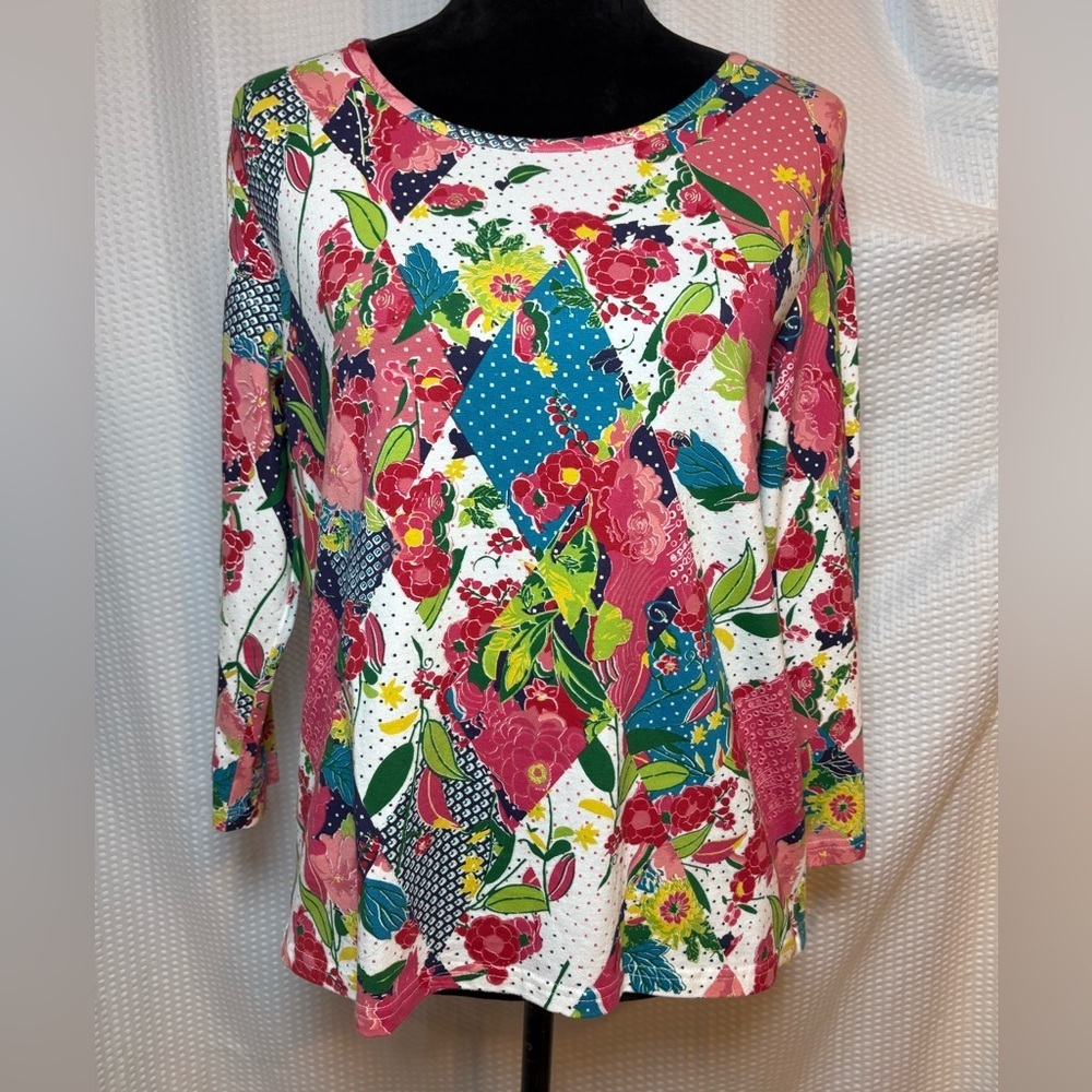 City Blues by Koret 3/4 sleeve blouse quilt inspired layout cottagecore petite L